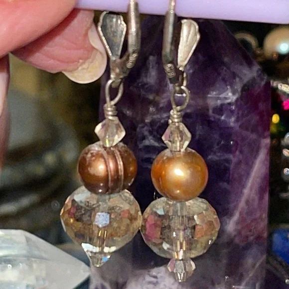 Artisan Organic Sterling Silver Baroque Pearl Vintage Swarovski Crystal Earrings - Picture 4 of 4